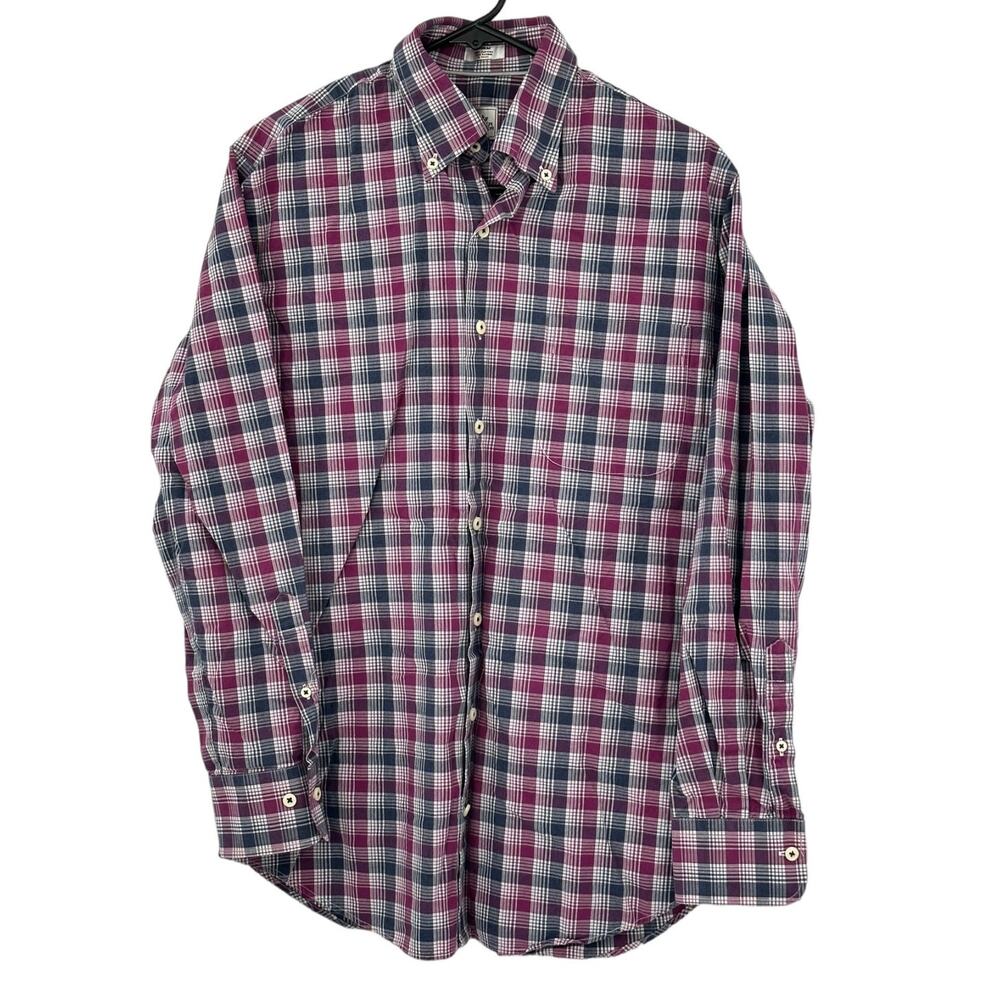 Peter Millar Shirt Men Medium Slim Fit Button Up Purple Blue Plaid Cotton Preppy